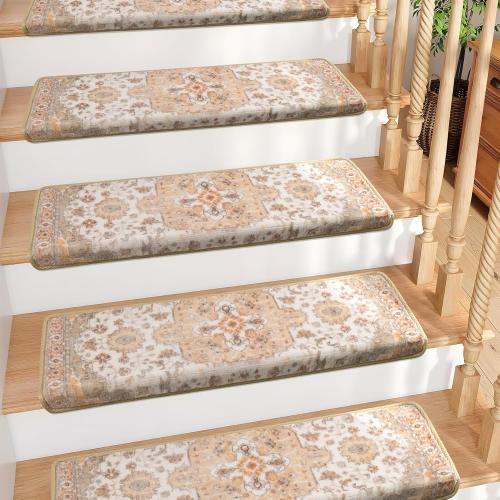 Bullnose Non-Slip Stair Treads for Wooden Steps, Carpet Stair Treads for Indoor Runner, Pet Friendly Soft Stair Rugs, Edging Stair Protectors Reusable, Washable, 30x9.5x1.5 14pcs, Beige