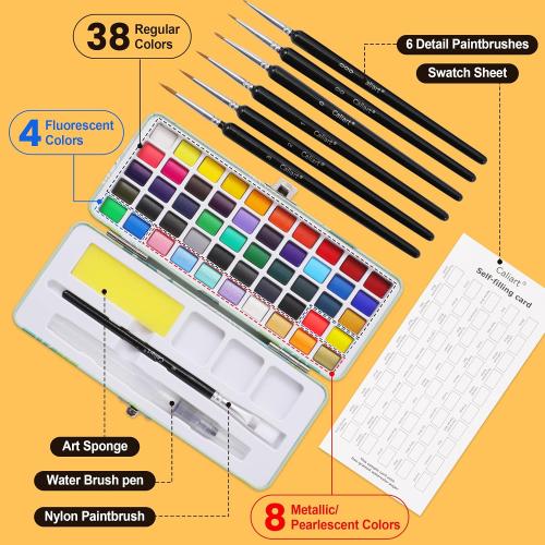 Caliart Watercolor Paint Set, 50 Colors Portable Travel Water Color Palette Kit with Detail Paint Brush, Art Supplies for Painting Coloring, Drawing Gifts for Adults Professional Artists