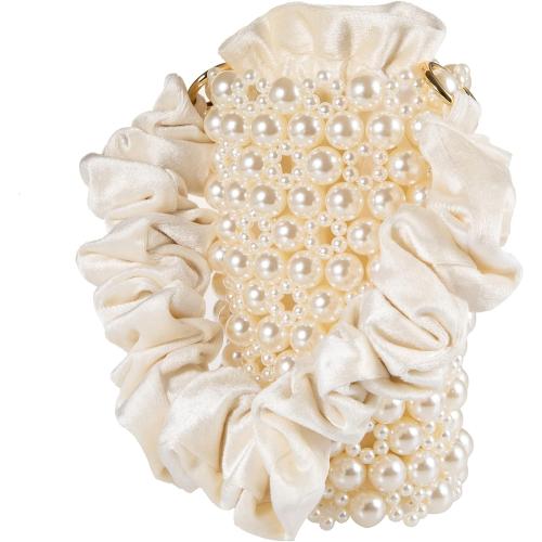 YUSHINY Women Faux Pearl Beaded Evening Pleuche Bucket Handle Bags with Velvet Lining for Wedding Party