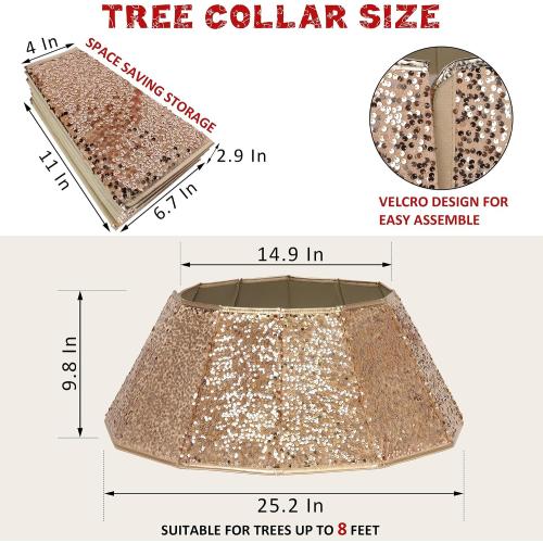 Blissun Sparkling Champagne Gold Christmas Tree Collar – Color Shifts with Light – 25.2″ Bottom / 14.9″ Top Foldable Base Cover