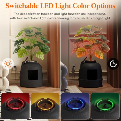 Lifewit Plant Litter Box with Odor Control System, Hidden Cat Litter Box Enclosure with Artificial Plants & Infrared Sensor Auto On/Off, 4 Modes Lights, Quiet, Fits Most Cats, Black