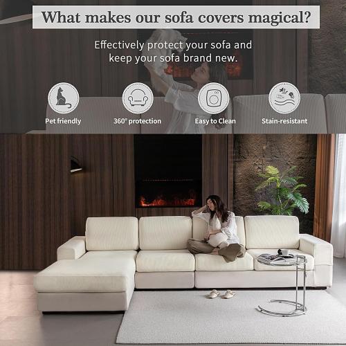 Sectional Couch Covers, Wear Resistant Stretch Sofa Covers Washable Soft Couch Cushion Covers Anti Slip Furniture Protector Sofa Slipcovers for Pets (3 Pieces 3 Seaters Cover, Ivory)