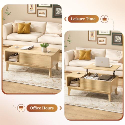 LYNCOHOME Fluted Lift Top Coffee Table with Storage, Modern Coffee Table for Living Room, Home Office(Natural)