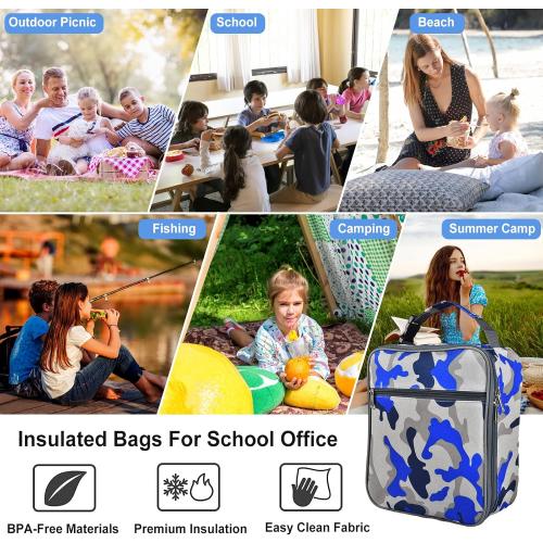 Insulated Lunch Bag, Leakproof Portable Box for Women Men Boys Girls, Large Capacity Cooler Bag with Handle and Bottle Pocket for Office School Camping Hiking Outdoor Beach Picnic (Camo Blue)