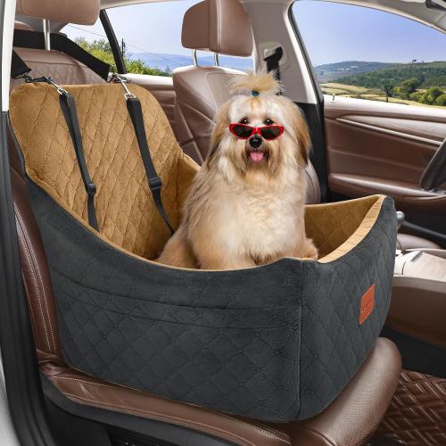 Black and Coffee Medium Size Dog Booster Car Seat for Up to 35lbs Pets,Easy to Install,Fully Detachable and Washable,Anti-Slip Base,Snug Puppy Car Seat with 2 Clip-On Leashes(Black/Coffee,Medium)