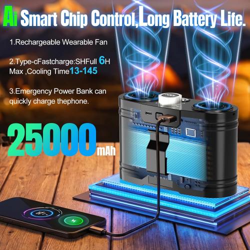 2026 25000MAh AI Portable Waist Fan, 100 Speeds 34000RPM Strong Airflow, Belt Fan with up to 145H of Working Time, Flashlight,Rechargeable Wearable Personal Fans for Outdoor