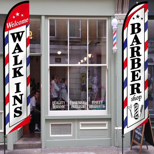 2 Pcs Barber Flag for Outside Barbershop Themed Swooper Flag Open Feather Barber Sign Welcome Banner for Salon Business Outdoor Advertising Outside(NOT INCLUDE POLE KIT)(12 x 2.5 ft)
