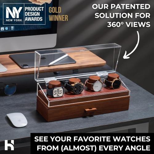 Holme & Hadfield Premium 4-Slot Wooden Watch Display Case – Handcrafted Men’s Watch Box with Accessory Drawer, Hinged Cover, Leather Lining – Christmas Gift for Collectors – Luxury Built to Last