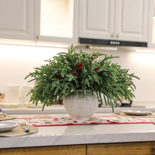 24 Pcs 18 Inch Real Touch Norfolk Pine Branches Christmas Greenery Stems with Pinecones & Red Berries for Christmas Decorations