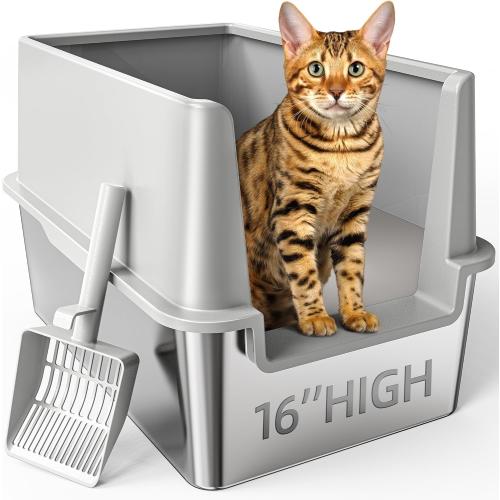 16 High Sides Stainless Steel Litter Box with Lid, XL XXL Extra Large Enclosed Metal Litter Box for Big Cats & Kitty, Never Absorbs Odors, Non-Sticky, Anti-Urine Leakage, Easy Cleaning