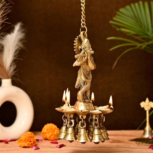 LOVENSPIRE Brass Krishna Wall Hanging Diya with Bells & Chain Krishna Hanging Idol Oil Lamp Home Temple Mandir Office Diwali Decor Kathu Vilakku Puja Diyas - Deepawali Housewarming Return Gifts