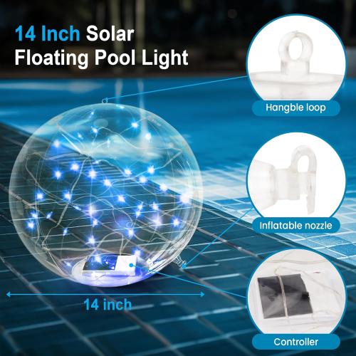 2pack 14 Solar Floating RGB LED Pool Lights (2 Pack), Remote Control, Waterproof, Timer, Outdoor Pool Accessories