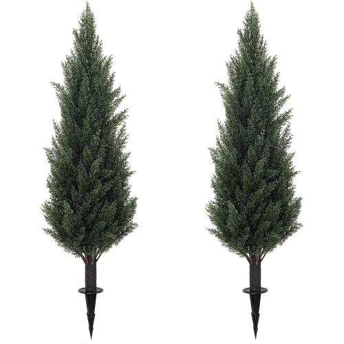 3FT Artificial Cedar Topiary Trees with Ground Spike, UV Resistant Faux Cypress Trees, Set of 2 Faux Plants Artificial Bushes for Indoor Outdoor Front Porch Garden