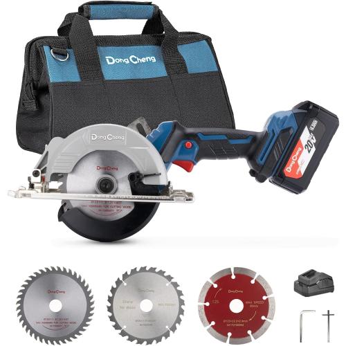 DongCheng 20V Max Cordless Circular Saw, with 3 Blades(5''), Brushless, 6700 RPM, Compact Hand Saw Max Cutting Depth1-3/4(90°), 1-3/10'' (45°), Including 4.0Ah Battery, Charger and Carry Bag