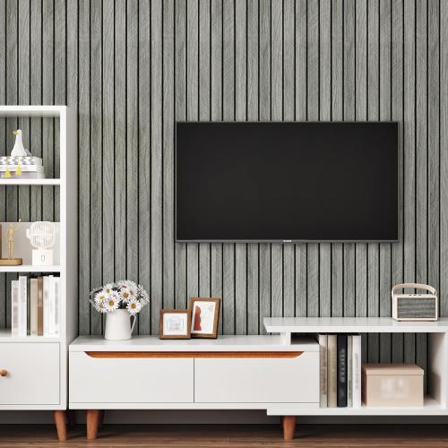 Grey Wood Grain Slat Panels for Interior Wall Decor 197x23.6 Peel and Stick 3D Textured Fluted Wood Panels Self Adhesive Acoustic Wooden Paneling Wallpaper for Bedroom Living Room Studio