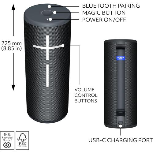 Ultimate Ears MEGABOOM 4 Portable Waterproof Bluetooth Speaker, 360-Degree Sound, Thundering Bass, 147ft Range, 20-Hour Battery, Floating Speaker - Black