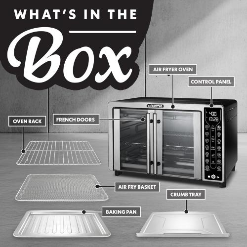 Gourmia French Door Air Fryer – 25 Qt Large Capacity Convection Oven, Fryfroce 360°, Digital Display with 17 Cooking Presets, Bake, Toast, Roast, Dehydrate, Fits 12” Pizza