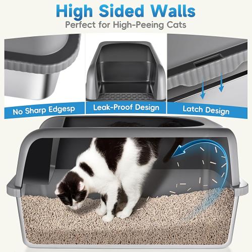 2 Pack Stainless Steel Cat Litter Box with Lid, XL Extra Large Metal Box for Big Cats, 24 L x 16 W x 12 H, Enclosed Litter Box High Sided, Non-Sticky, Include Litter Scoop