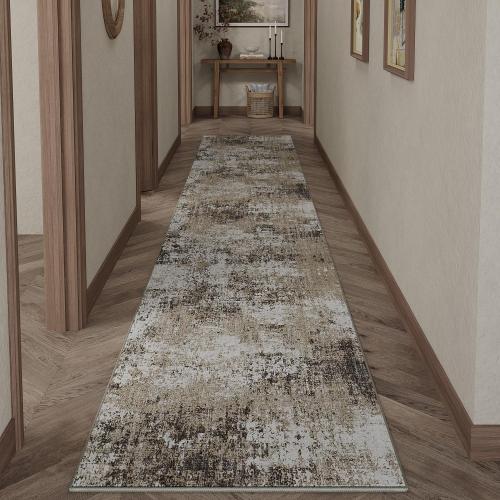 Washable Brown Runner Rug 2x6 Modern Abstract Hallway Carpet Neutral Soft Long Kitchen Runner Low Pile Non Slip Indoor Throw Rug for Entryway Bathroom Bedroom Laundry Living Room