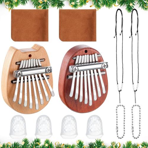 eBoot 10 Pcs 8 Keys Mini Kalimba Piano Set Include Thumb Piano with Lanyard Chain Finger Protector and Cleaning Cloth Wood Finger Pianos Gift for Adults Beginners(Wood,Oval, Cat Shaped)