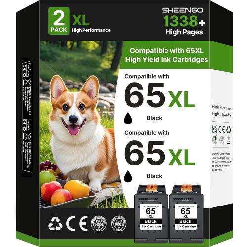 65XL 65 XL for HP 65 Black Ink Cartridge (2-Black) 65XL Ink Cartridge for HP Printers Envy 5000 5055 5058 5052 5014 DeskJet 3755 3772 3720 2622 2680 DeskJet 3720 Printer