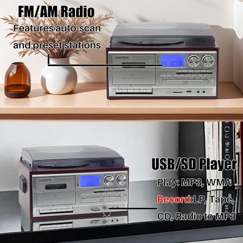 LoopTone Vinyl Record Player 10 in 1 3 Speed Bluetooth Vintage Turntable CD Cassette Player AM/FM Radio USB Recorder Aux-in RCA Line-Out (Red-Silver)