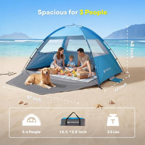 Venustas Beach Tent Sun Shelter for 3/4/6/8 Person, UPF 50  UV Protection Beach Canopy, Lightweight and Easy Setup Cabana, Portable Shade Tent