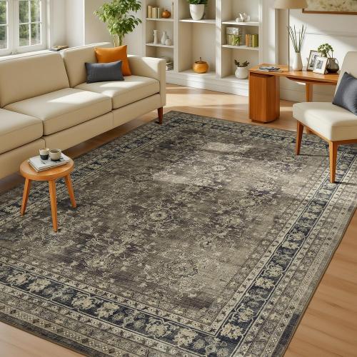 Area Rugs for Living Room, Machine Washable Non Slip Rug, Soft Low Pile Carpet for Bedroom Dining Home Office, Vintage Brown Distressed Floral Floor Mat