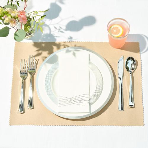 By Madee Heavyweight Elegant Disposable Dinnerware Set - Silver Fancy Plastic Dinnerware Sets with Plates, Cutlery, Napkins - Disposable Party Plates for Wedding, Baby Shower - 400 Pcs (50 Guests)