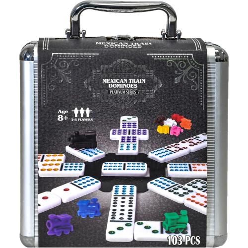 Elbow Room Games Mexican Train Dominoes Set – Double 12 Color Dot Dominos Game with Tin Case & Hub for Family Fun