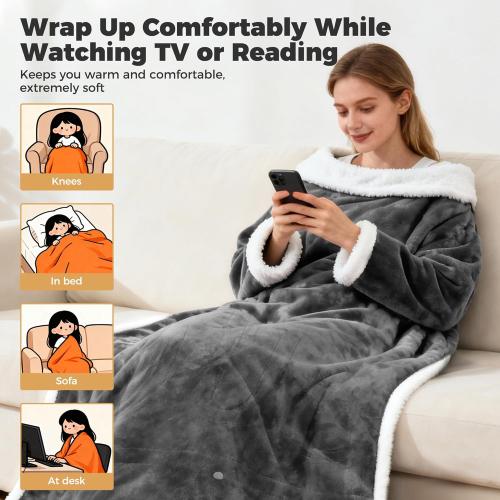 Heated Wearable Blanket with Sleeves & Foot Pocket – Electric Sherpa Blanket 50 * 70, 8 Heat Levels & 6 Timer Settings (1–12 Hours), Cozy Flannel Heated Throw Blanket for Home, Sofa & Bed Use,Grey