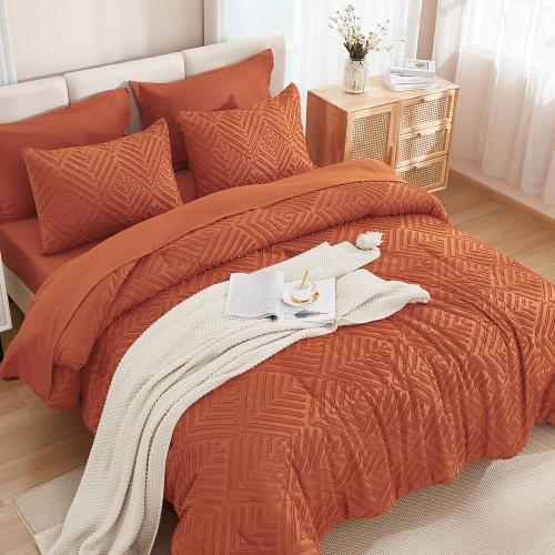 Andency Oversized King Size Comforter Set Burnt Orange - 7 Pieces Bed in a Bag Oversized King Boho Terracotta Bedding Comforter Sets, Rust Tufted Bed Set with Comforter, Sheets, Pillowcases & Shams