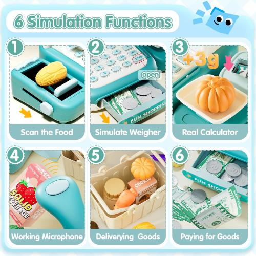 49Pcs Cash Register Toy Set for Kids, Pretend Play Grocery Store Cashier Playset with Conveyor Belt, Scanner, Weighing Scale, Calculator & Microphone, Toys Gift for Toddlers Ages 3-8 (Green)