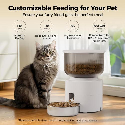 PAPIFEED 3L/13 Cup Automatic Cat Feeder & 3L Water Dispenser, Stainless Steel Bowl, 2.4G WiFi Pet Feeder with APP Control for Remote Feeding, 1-10 Meals Per Day, Detachable for Easy Clean (White Suit)