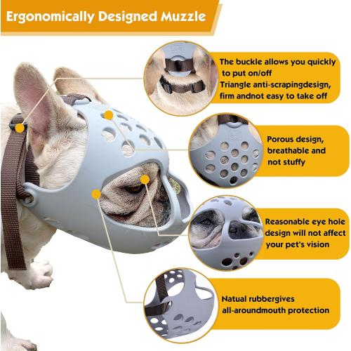 Grey Short Snout Dog Muzzle- Adjustable Soft Silicone Flat Faced Muzzle Bulldog Muzzle Breathable Dog Mask for Biting Chewing Training Licking and Grooming