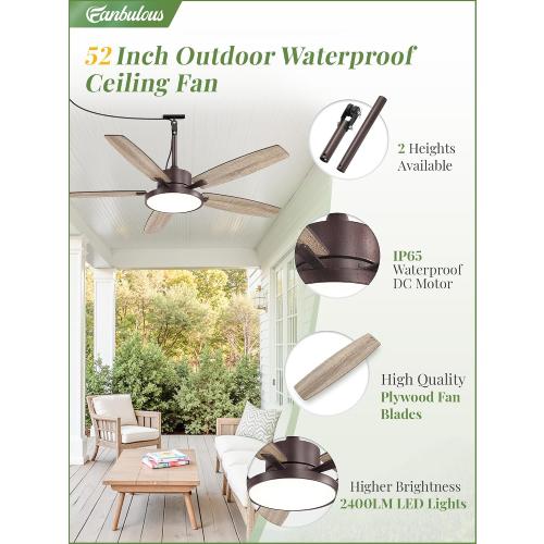 52 Outdoor Ceiling Fan with Light IP65 Outdoor Fans for Patio Waterproof