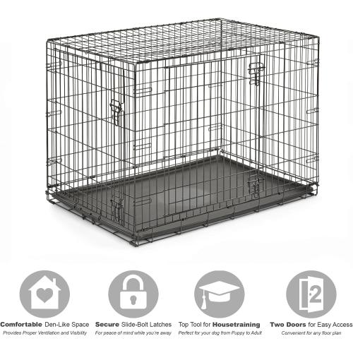 Midwest Homes for Pets 42-Inch New World Crate for Large Breeds, 71-90 lbs, Double Door Folding Dog Crate, Leak-Proof Tray & Secure Latches, Portable, Durable & Easy to Assemble