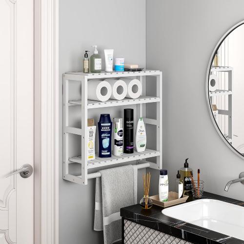Galood Over The Toilet Storage Bathroom Shelves Wall Mounted 3 Tier Space Saver Corner Shelf Organizer Bamboo Towel Rack Toilet Paper Cabinet with Hanging Rod White
