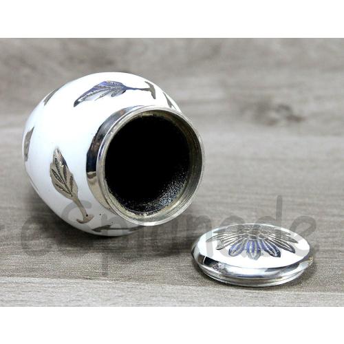 eSplanade Metal Cremation Mini urn Keepsake Memorial | Small urn for Ashes Funeral Burial Container jar Pot | Color - White(Silver Carved) Size-4.5 Inches