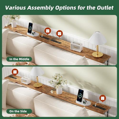 Simple Trending 78.75” Console Table, Narrow Behind Couch Table, Adjustable Sofa Tables with Outlet, for Living Room, Rustic Brown