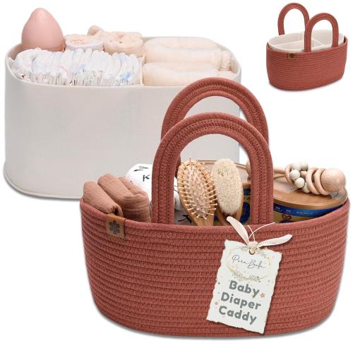 2-in-1 Baby Diaper Caddy Organizer - Cotton Rope, Nursery Storage for Boy, Girl - Changing Table, Car Basket - Portable Diaper, Wipes Holder - Versatile Nursery & Travel Organizer