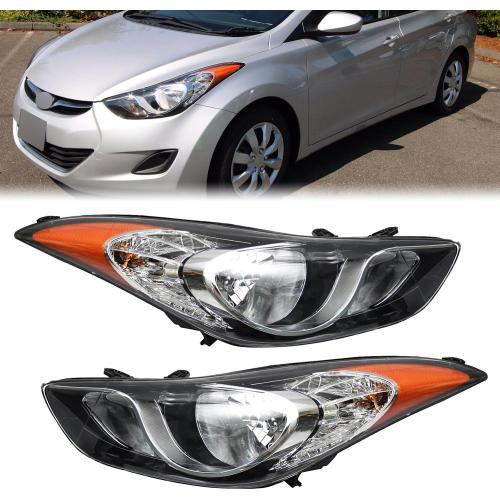 Chrome Headlights Headlamps Assembly w/Bulbs Compatible with 2011-2013 Hyundai Elantra US Built 92101-3Y000, 92102-3Y000 Direct Replacement