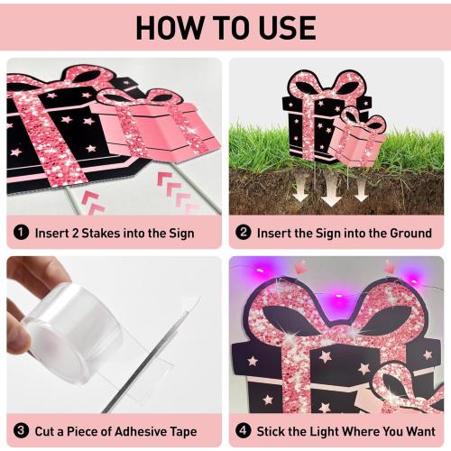 60th Birthday Decorations for Women - 7 Pcs Black & Pink 60th Birthday Yard Signs, 2 Pcs LED Lights, Sparkling at Night, Weatherproof, Perfect Happy Birthday Lawn Decorations for Women