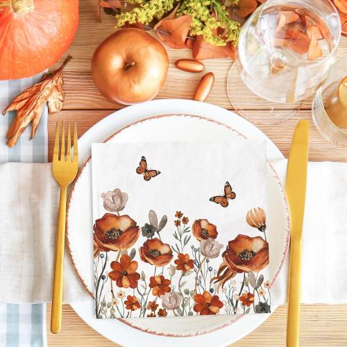 JarThenaAMCS 50Pcs Fall Floral Paper Napkins  for Thanksgiving Harvest Wedding Birthday Party Supplies