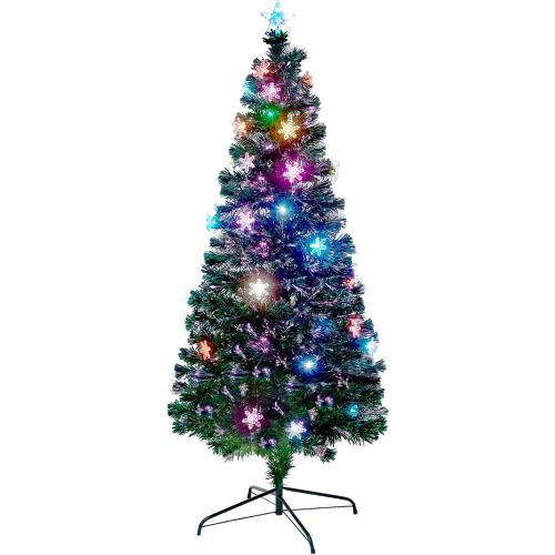 Juegoal 6 ft Pre-Lit Optical Fiber Christmas Artificial Tree, RGB Color Changing LED Lights, Snowflakes & Top Star, Fake Xmas Tree with Metal Legs