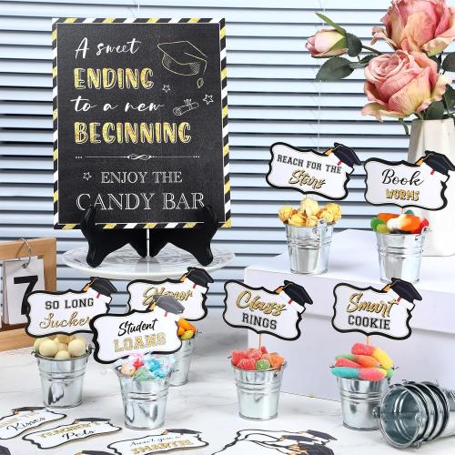 12 Silver Buckets Nuogo Graduation Candy Buffet Set Include 12 Mini Metal Bucket with Handles 1 Candy Buffet Table Sign with 1 Stand Grad Candy Bar Party Dessert Food Decoration