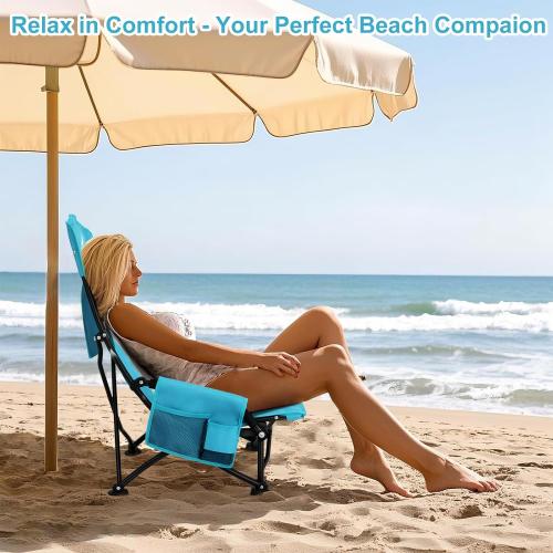 Blue 2Pack Oileus Folding Portable Beach Chair, High-Back Low-Seat Lightweight Chair for Beach Tents, Shelters, and Camping, Full Mesh Backrest | Cup Holder | Storage Bag | Carrying Bag | 2 Armrests