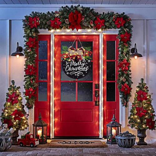 Black Door Sign for Christmas Decorations, Lighted Christmas Wreaths for Front Door, Farmhouse Wooden Hanging Merry Christmas Sign with 30 LED Lights for Indoor Outdoor Porch Wall Window Decor