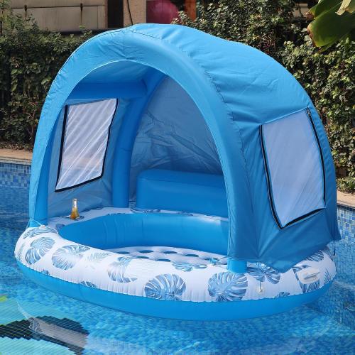 Inflatable Pool Float with Canopy Shade, Extra Large Floating Island, Cup Holder, Tropical Leaf Design