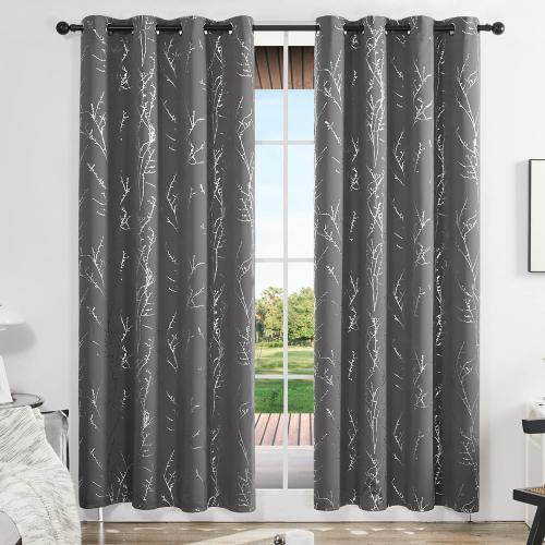 Deconovo Blackout Curtains 84 Inches Long, Light Gray Drapes for Living Room, Branch Silver Print, Soundproof Thermal Insulated Privacy Window Curtain for Bedroom Nursery, Set of 2, Machine Washable